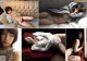 A collage of photos of a woman laying on a couch.